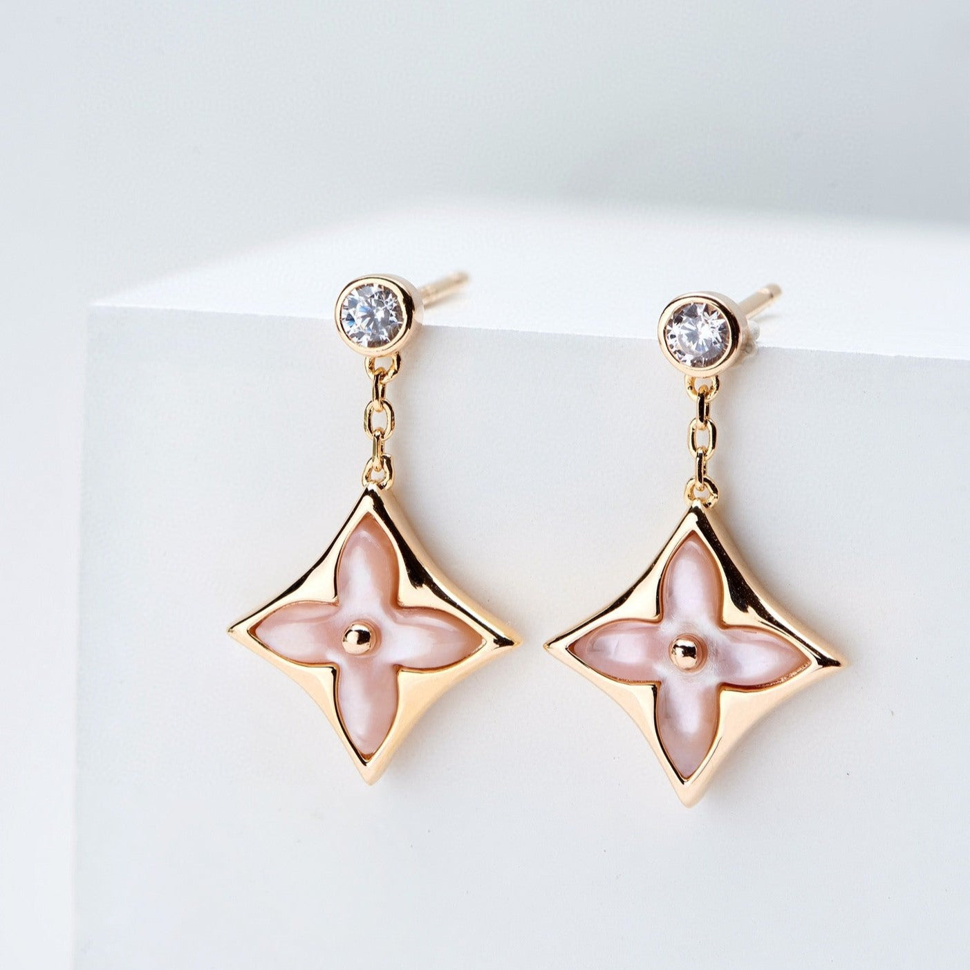 TimiDOUBLE STAR PINK GOLD MOP DROP EARRINGS
