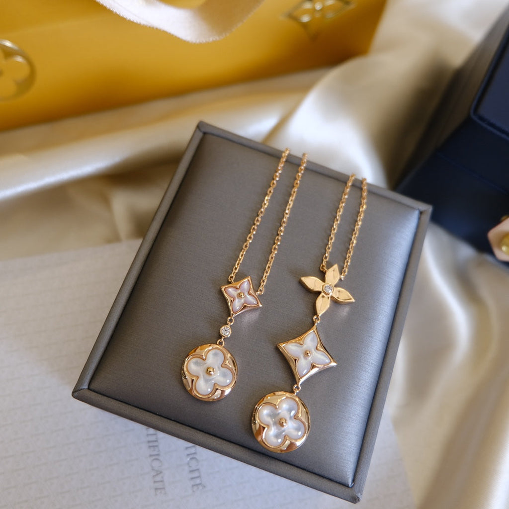 TimiCOLOR BLOSSOM LARIAT NECKLACE PINK GOLD WHITE MOTHER PEARL AND DIAMOND