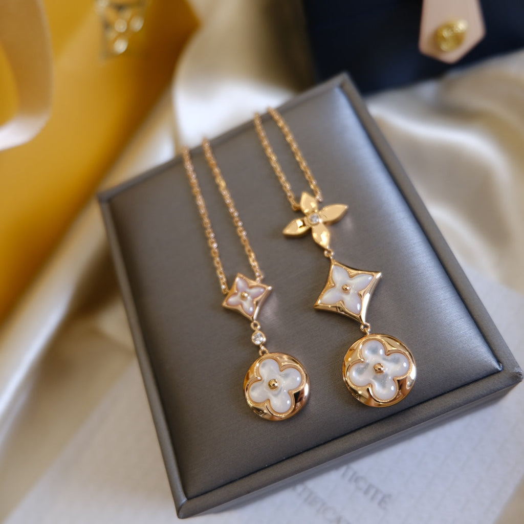TimiCOLOR BLOSSOM LARIAT NECKLACE PINK GOLD WHITE MOTHER PEARL AND DIAMOND