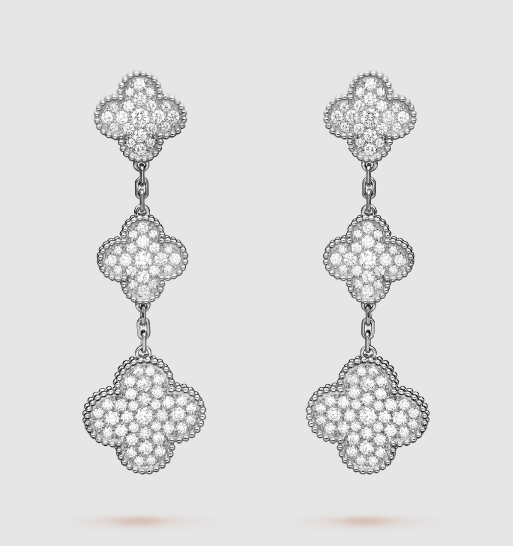 TimiCLOVER 3 MOTIF DIAMOND SILVER DROP EARRINGS