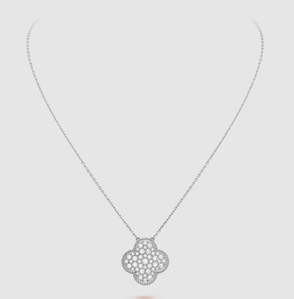 TimiCLOVER 25MM LARGE PENDANT DIAMOND PAVED SILVER NECKLACE