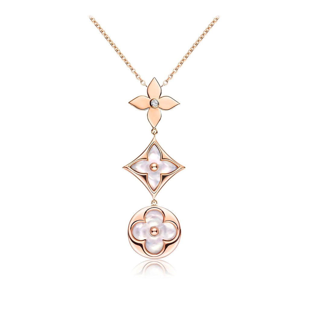 TimiCOLOR BLOSSOM LARIAT NECKLACE PINK GOLD WHITE MOTHER PEARL AND DIAMOND