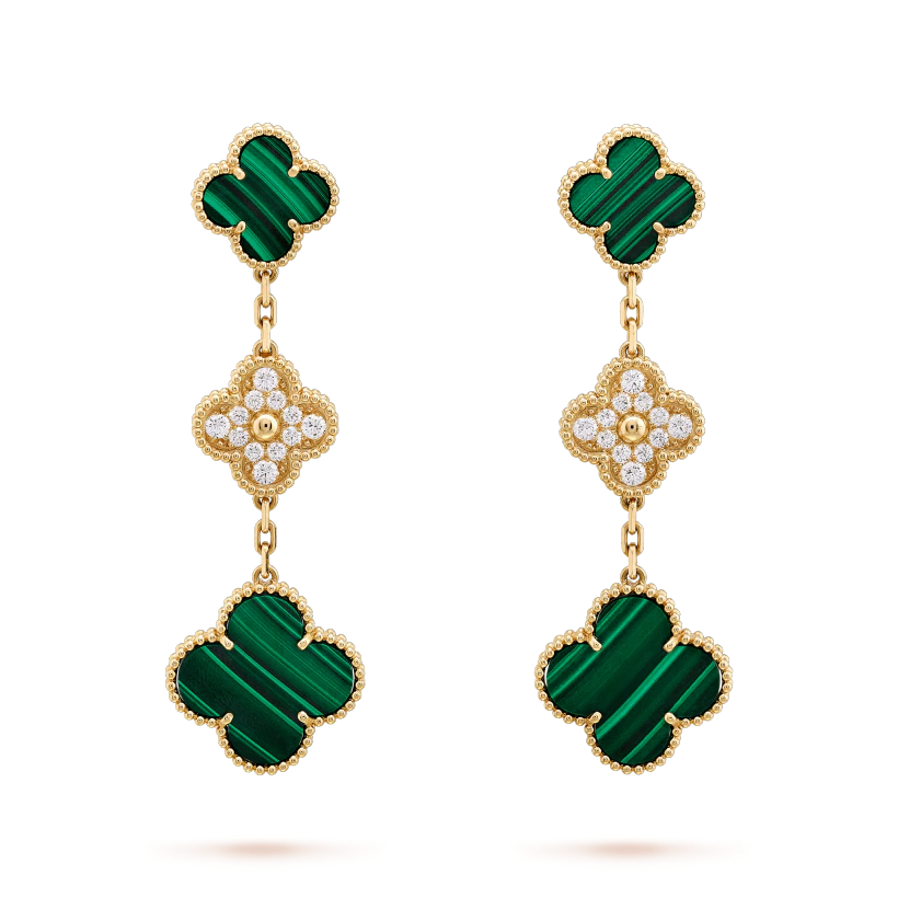TimiCLOVER EARRINGS GOLD MALACHITE DIAMOND 3 MOTIF